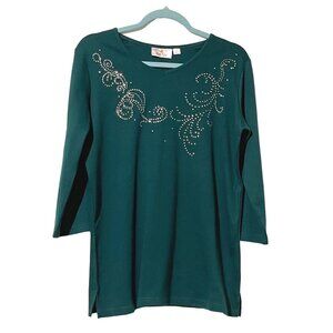 Quacker Factory Forest Green 3/4 Sleeve Top Rhinestones V-Neck S Polyester Blend